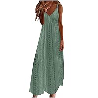 Womens Sundresses Maxi Dresses for Women 2024 Summer Solid Color Elegant Hollow Trendy Loose with Sleeveless V Neck Dress Green X-Large