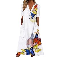 Women's Boho Floral Print Maxi Dress Casual V Neck Button T Shirt Dress Short Sleeve Flowy Dress Loose Dress with Pockets