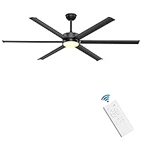 Ohniyou 72 Inch Large Industrial Ceiling Fan with Lights Remote Control, Black Big Ceiling Fan with 6 Metal Blades, 6-speed Quiet DC Motor for Outdoor Patios Shop Living Room Garage