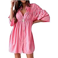 Women’s Mini Dress Summer Ruffle 3/4 Sleeve V Neck Solid Loose Flowy Pleated Casual Short Dresses