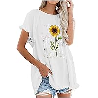 American Flag Floral Print Tunic Tops Womens Tassel Raw Hem Cotton Linen Tunic Tops Summer Short Sleeve Casual Loose Shirts