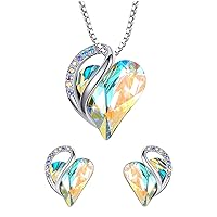 Leafael Infinity Love Heart Necklace and Stud Earrings for Women, April Birthstone Crystal Jewelry, Silver Tone Bundle Gifts for Women, Rainbow Opal White