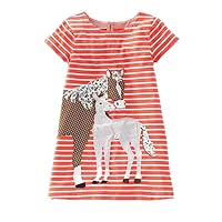 KIDSALON Girls Crewneck Cotton T-Shirt Dresses Animal Applique Dress Short Sleeve (4T, Horse Appliques Orange)