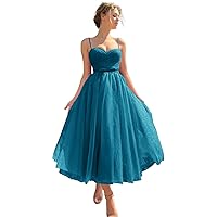 Basgute Tulle Tea Length Prom Dresses for Women Corset Sweetheart Spaghetti Straps Teens Formal Evening Party Gowns