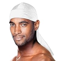 Durag - Velvet Long Tail 360/540/720 Wave - Premium Soft Quality Fabric, Coconut Oil Treated Stretchable Headwraps, Headtie, Headwear for Men and Women (White - 1 Pack)