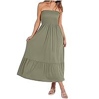 Women's Summer Strapless Smocked Dress Pleated A-Line Swing Sundress 2024 Fashion Boho Beach Dresses Party Long Maxi Dress