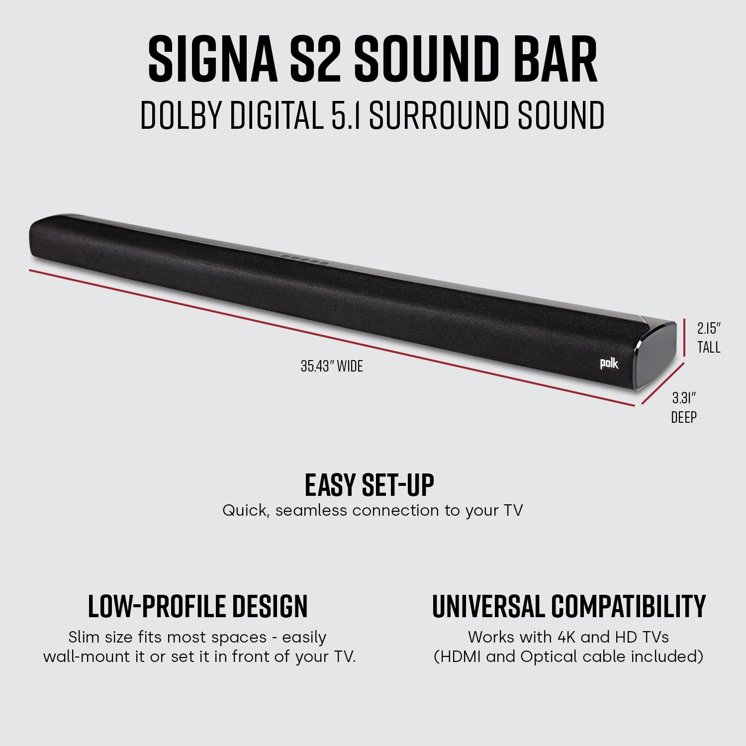 Mua Polk Audio Signa S2 Ultra-Slim TV Sound Bar | Works with 4K & HD TVs |  Wireless Subwoofer | Includes HDMI & Optical Cables | Bluetooth Enabled,  Black trên Amazon Mỹ
