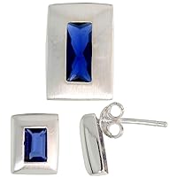 Sterling Silver Radiant Cut CZ Rectangle Stud Earrings & Pendant Set Assorted colors for women Brushed finish