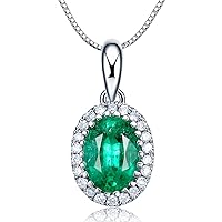 14k Solid White Gold 0.46ct Natural Green Emerald Necklace, Small Halo May Birthstone Necklace Oval Shape Pendant with 0.06cttw Diamond, Fine Jewelry Gift for Women Girls, Length 18 Inch