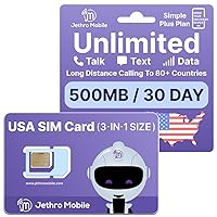 Jethro Mobile 3-in-1 Prepaid USA Sim Card with 30 Days 500MB High-Speed Data & Unlimited International Calling and Text to 80+ Countries' Cell Phone Plan