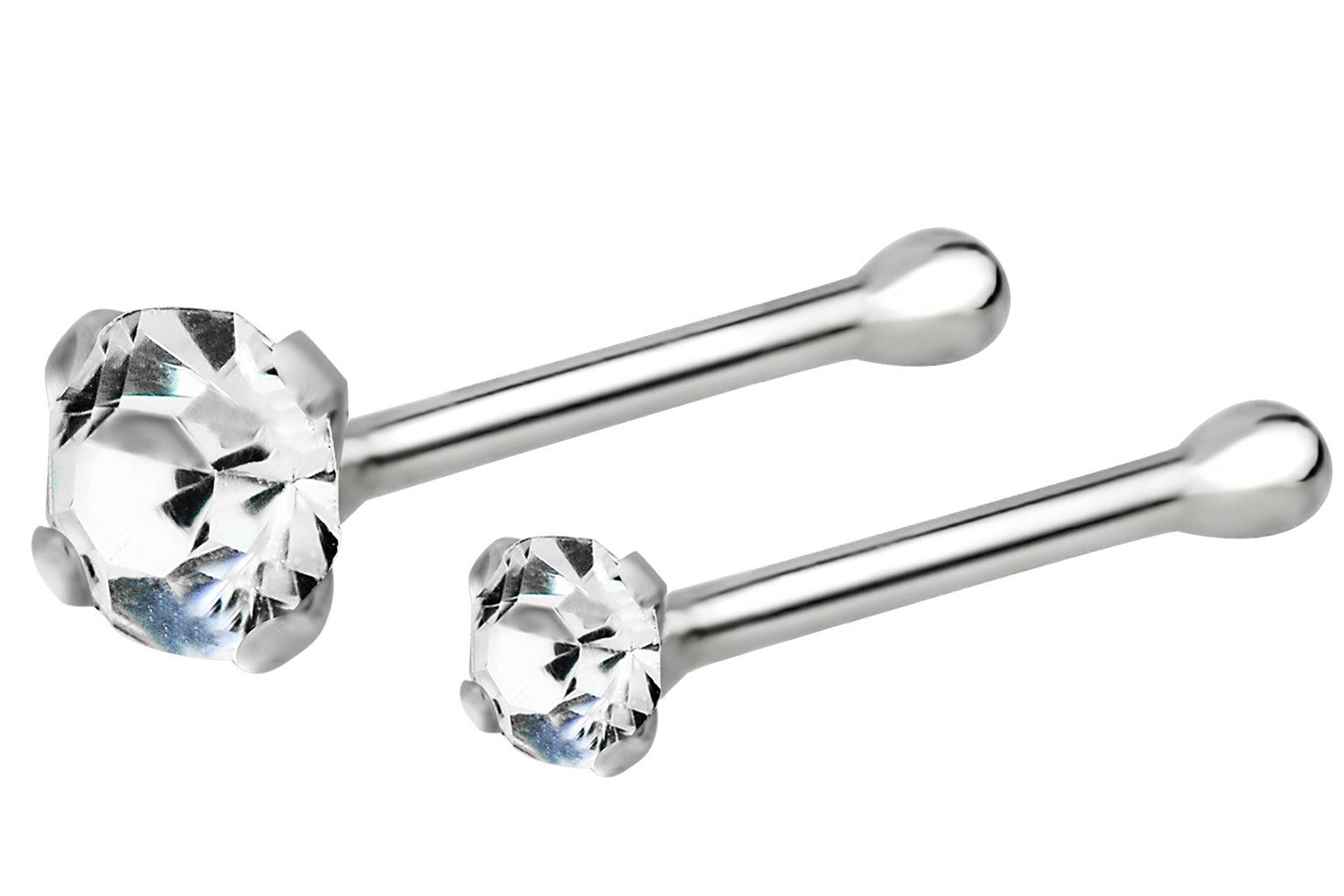 Forbidden Body Jewelry Nose Rings 22G Sterling Silver CZ Simulated Diamond Nose Studs, 1.5 mm & 2.5mm