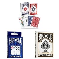 Bicycle Playing Cards Game Basics Bundle - 2 Decks of Bicycle Red and Blue Standard Playing Cards, 1 Deck of Bicycle Black Playing Cards, and 10 Count Bicycle Dice Pack