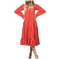 Summer Dresses for Women 2023 Women's Solid Color Short Dress Square Collar Long Sleeve Ruffle Wave Hem Dress