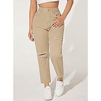 Jeans for Women Solid High Waist Ripped Jeans Jeans for Women (Color : Khaki, Size : Medium)