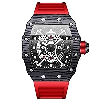 Silverora Tonneau Men's Silicone Watches, 3 ATM Waterproof Gear, Analogue Quartz Wrist Watches, Calendar, Date, Silicone Strap, Sports Watch with Luminous Hands Gifts for Men, Boys, Red, Black, Strap.