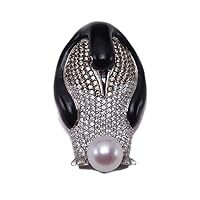 JYX Fine Penguin-Style White Freshwater Pearl Pendant Brooch with Black Agate