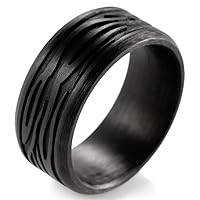 Men's 11mm Width Pure Carbon Fiber Ring with Embossed Wave Pattern