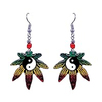 Rasta Cannabis Pot Leaf Hemp Graphic Upside Down Dangle Earrings - Womens Fashion Handmade Jewelry Reggae Accessories