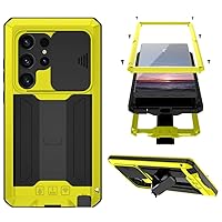 FW Samsung Galaxy S24 Ultra Metal Case with Slide Camera Cover Built in Screen Protector Full Body Hybrid S24 Ultra Case Metal Kickstand Military Heavy Duty Armor Silicone Case for Man Woman (Yellow)