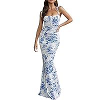 Women's Ditsy Floral Print Backless Tie Shoulder Mermaid Dress, Elegant Tie Front Maxi Cami Dress for Holiday Party Long Summer Dresses for Women 2024 Vacation Trendy