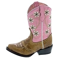 Girls Kids Pink Light Brown Floral Embroidered Cowgirl Boots Snip
