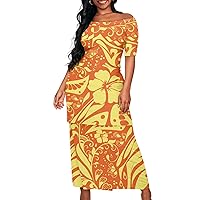 Womens Puletasi Samoan 2 Piece Outfit Polynesian Tapa Printed Off Shoulder Shirts Maxi Dress Set
