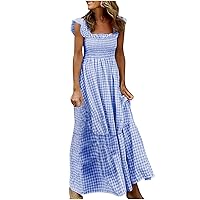 Women Frill Trim Square Neck Ruffle Sleeve Plaid Tank Dress Summer Smocked Waist Sleeveless Flowy Pleated Maxi Dress