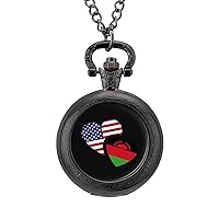 Malawi US Flag Fashion Quartz Pocket Watch White Dial Arabic Numerals Scale Watch with Chain for Unisex