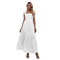Women's Summer Square Neck Sleeveless Shirred Ruffle Hem A Line Flowy Long Maxi Dress