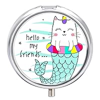 Pill Box Cute Cat Mermaid Round Medicine Tablet Case Portable Pillbox Vitamin Container Organizer Pills Holder with 3 Compartments
