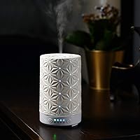 100ml Ceramic Aromatherapy Essential Oils Diffuser, Ultrasonic Cool Mist Humidifier with Timer and 7-Color LED Night Light, Water-Less Auto Off Function - White Bauhinia Pattern