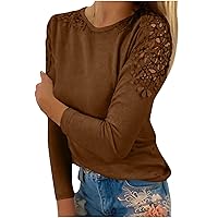 Womens Lace Crochet Long Sleeve Spring Tops Casual Loose Solid Shirts Trendy Pullover Blouse