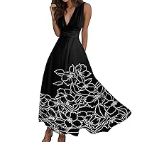 Casual Dresses for Women 2024 Summer Trendy V Neck Sleeveless Floral Print Elegant Sundress Beach Vacation Flowy Long Dress