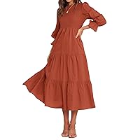 BTFBM Women Casual Long Sleeve Dress Fall Dresses 2024 Solid Color Relaxed Fit Smocked Tiered Flowy Boho Long Dresses