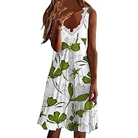 Women's Sexy V Neck Lace Cami Dress Sleeveless Floral Print Casual Swing A-Line Dress Loose Summer Tank Midi Dresses