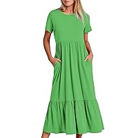 My Orders Placed Orders Placed by Me Women Crewneck Neck Dress Short Sleeve Summer Dresses Tiered Ruffle Swing T-Shirt Dress Casual Mid-Calf Sundress Ladies Clothes Green