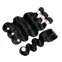 Hair 100% Brazilian Virgin Human Hair 3 Way Part Lace Closure With 3 Bundles Body Wave Natural Color 10