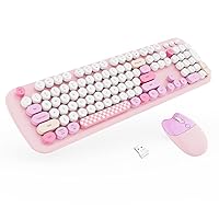 Wireless Keyboard,COOFUN Cute Colorful 104 Keys Typewriter Retro Round Keycaps Keyboard for PC Laptop,Windows,Desktop, Home and Office Keyboards (Pink)