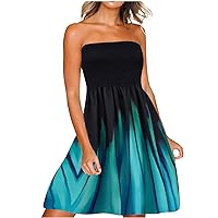 Summer Trendy Tie Dye Gradient Strapless A-Line Dress for Womens Smocked High Waist Casual Sexy Bandeau Beach Dress