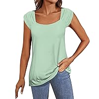 Summer Tops for Women 2024, Hawaiian Cap Sleeve Square Neck Cute Tank Tops Plus Size Ruched Solid Casual Tshirts