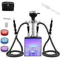 2 Hose Hookah Set with Travel Case Cleaning Brush, Micro Cube Acrylic Hookah with Silicone Hookah Bowl 2 Hose Coal Tongs Magical Remote LED Light for Better Shisha Hookah Narguile Smoking
