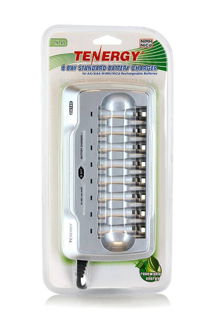 Tenergy TN145 AA AAA Battery Charger, 8-Slot Household Battery Charger, AA Cell Battery Charger with Individual Bays and LED Indicators, for NiMH/NiCd Rechargeable Batteries