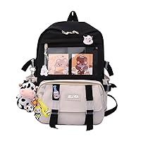 Kawaii School Backpack for Girls with Cute Pin and Accessories School Teens Bookbag Cute Backpack Middle Elementary (Black)