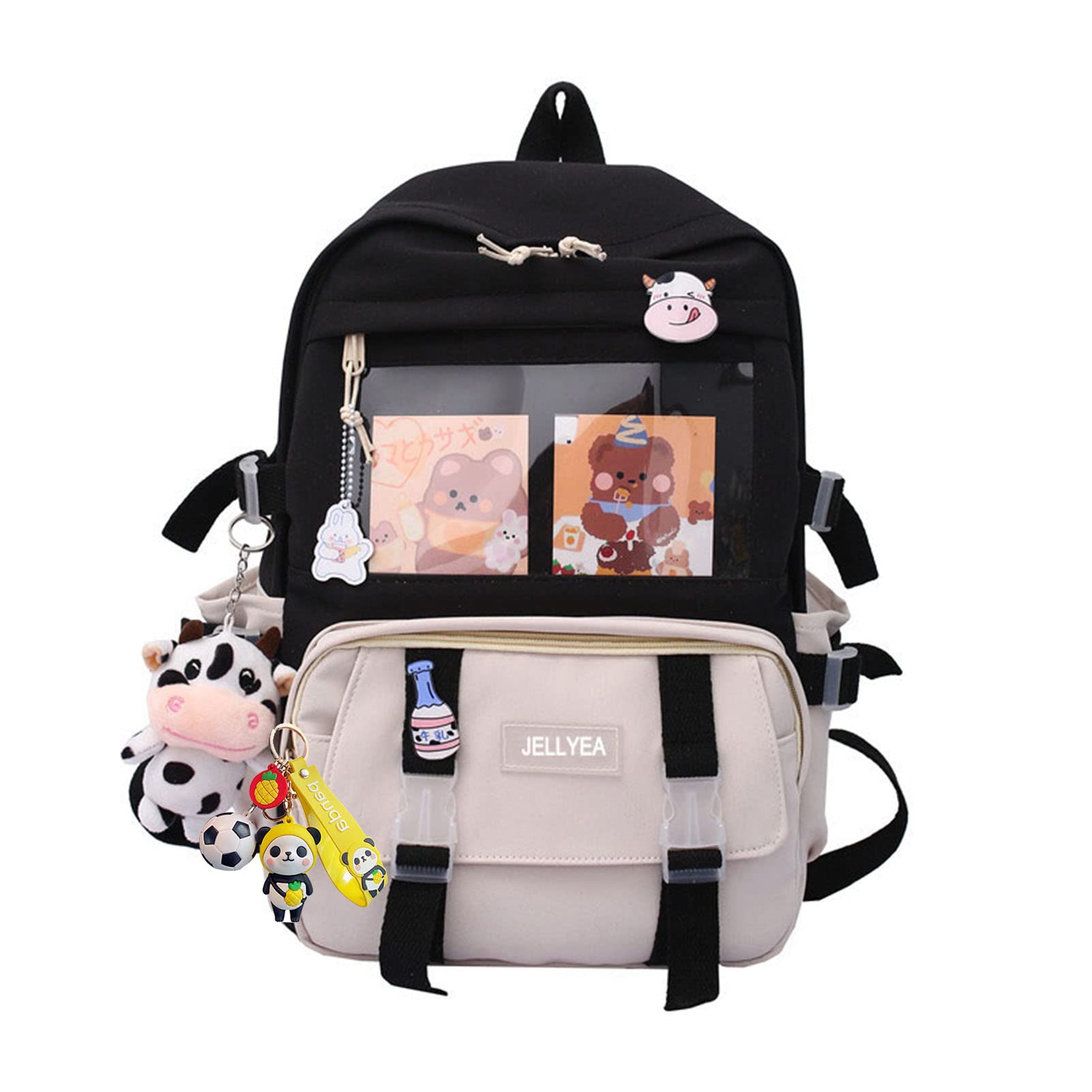 JELLYEA Kawaii School Backpack for Girls with Milk Cow Keychain and Cute Pin School Bookbag Teens Backpack Middle Elementary