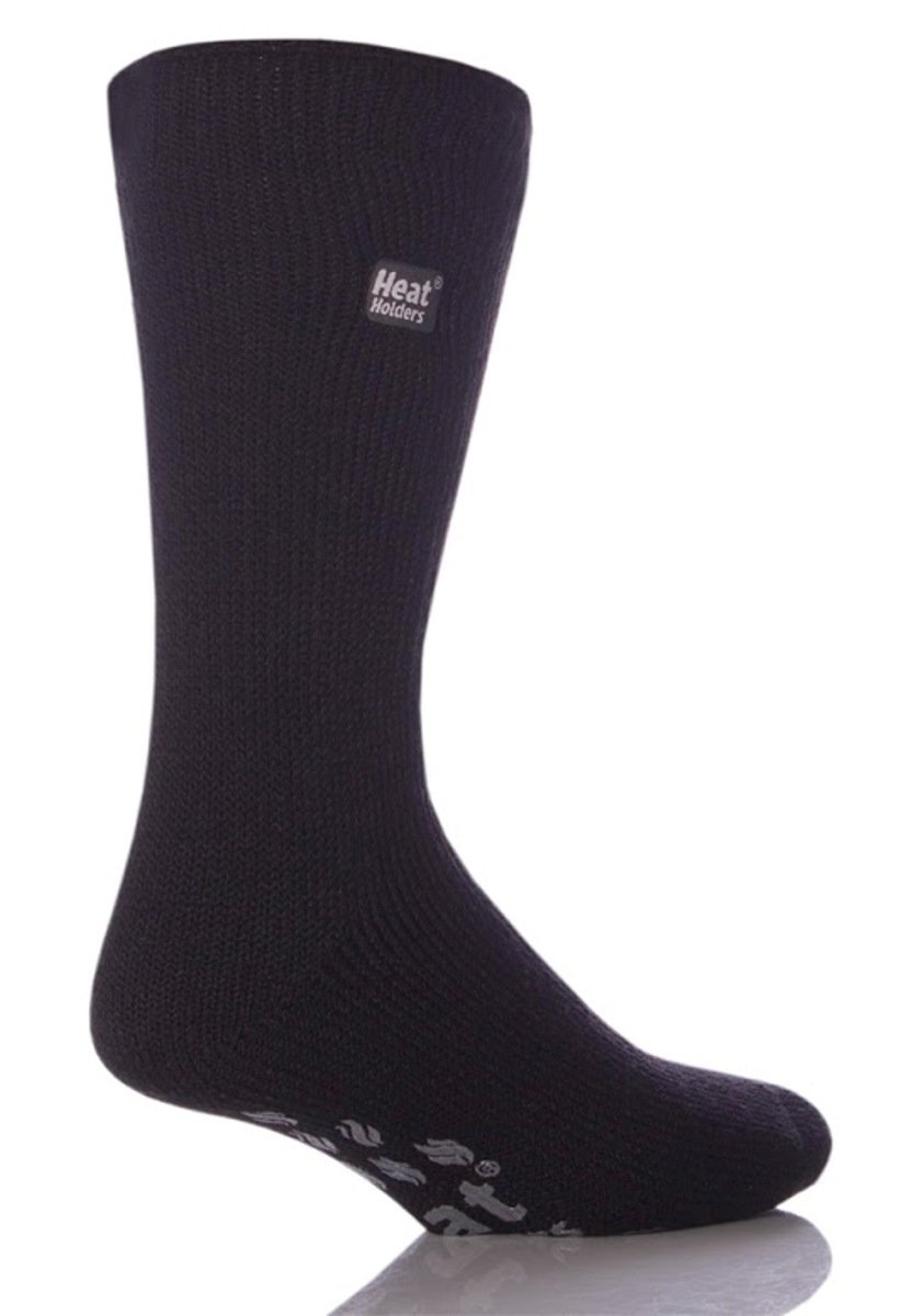 Heat Holders - Mens Thick 2.3 TOG Non Skid Thermal Slipper Socks with Grippers (7-12 US, Black/Grey)