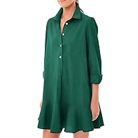 Women's Tunic Mini Shirt Dress Cotton Long Sleeve Ruffle Hem Dress Button Up Shift Chambray Dresse