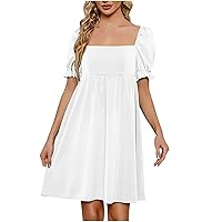 Womens Square Neck Puff Short Sleeve Babydoll Mini Dress Summer Smocked Back Casual Elegant Flowy A-Line Dresses