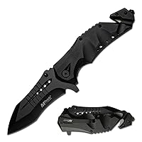 MTech USA – Spring Assisted Folding Knife – Black Stainless Steel Blade and Black Aluminum Handle with Rope Cutter, Glass Punch and Pocket Clip - Hunting, Camping, Survival, Tactical, EDC – MT-A845BK
