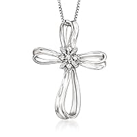 Ross-Simons 0.10 ct. t.w. Diamond Ribboned Cross Pendant Necklace in Sterling Silver