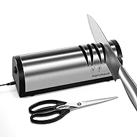 Narcissus Knife Sharpener, Professional 2 Stage Electric Knife Sharpener for Quick Sharpening & Polishing, with Scissors Sharpener and Metal Dust Collection Box, Stainless Steel, Silver